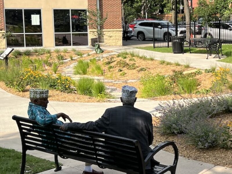 Back of two people on bench in a small park with gardens