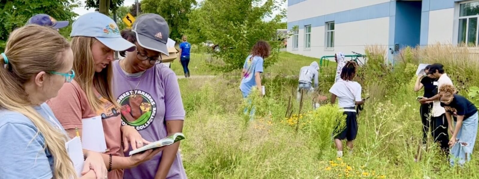 Three people linformally attired ooking at book with other people in a large garden in background looking at plants