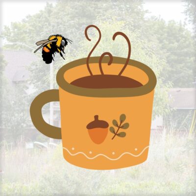 Graphic of bee hovering above mug filled with hot liquid