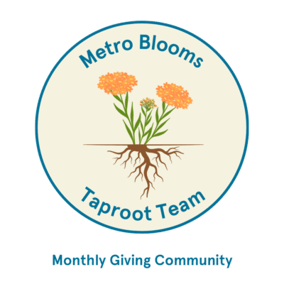 graphic of orange-flowered plant with large taproot beneath and text that says Metro Blooms Taproot Team