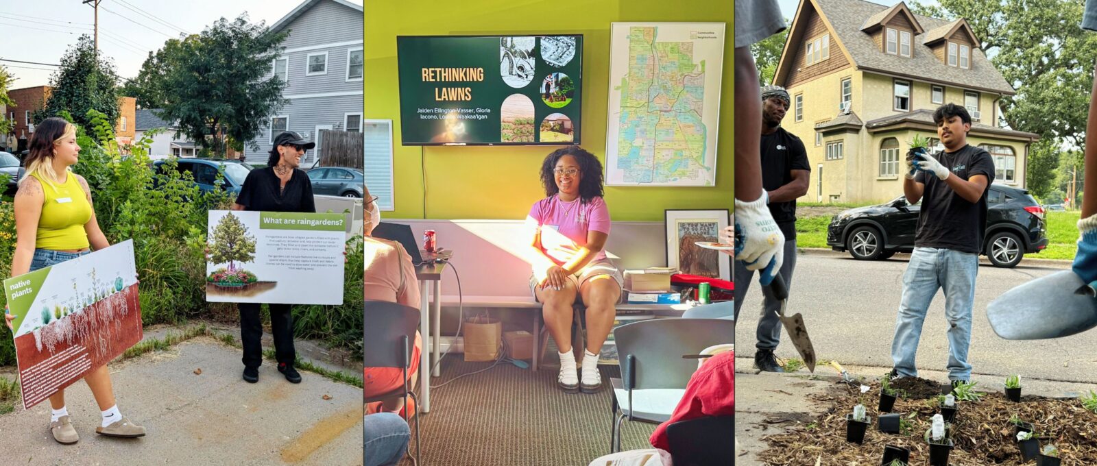 Three photo collage of Community Relations staff engaging community members