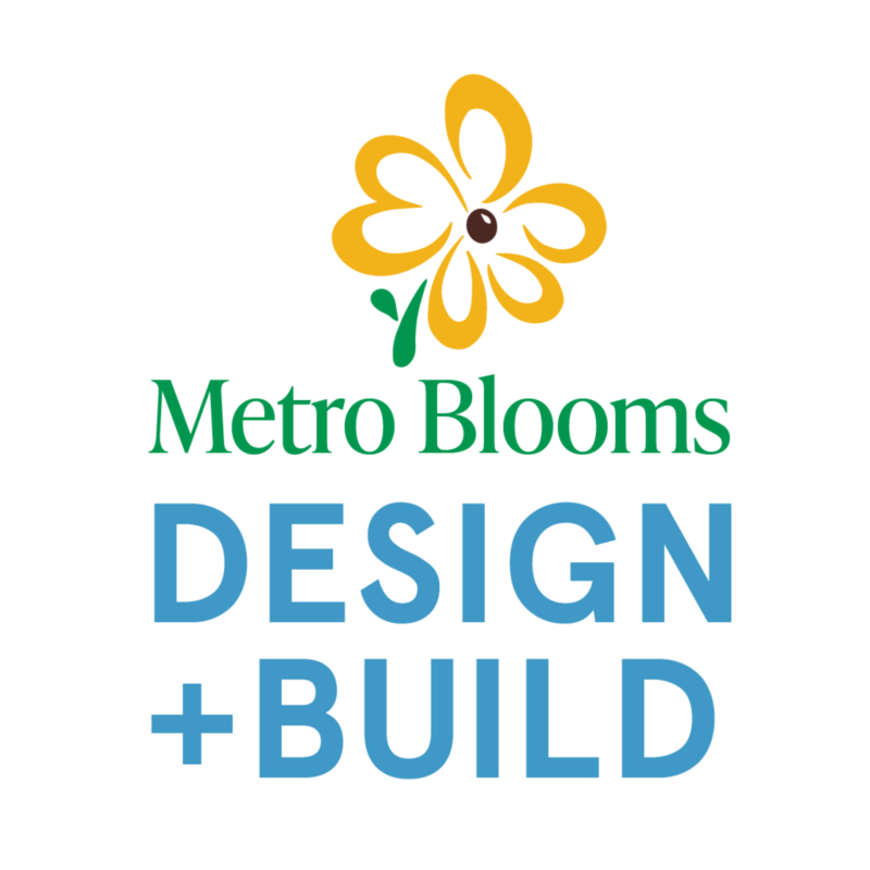 Metro blooms design build logo with blue text and yellow flower