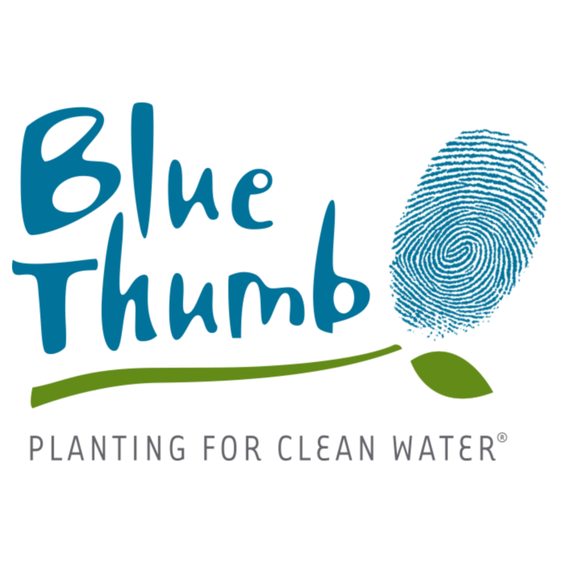 blue thumb logo with blue text and thumb print and green stem and leaf underneath